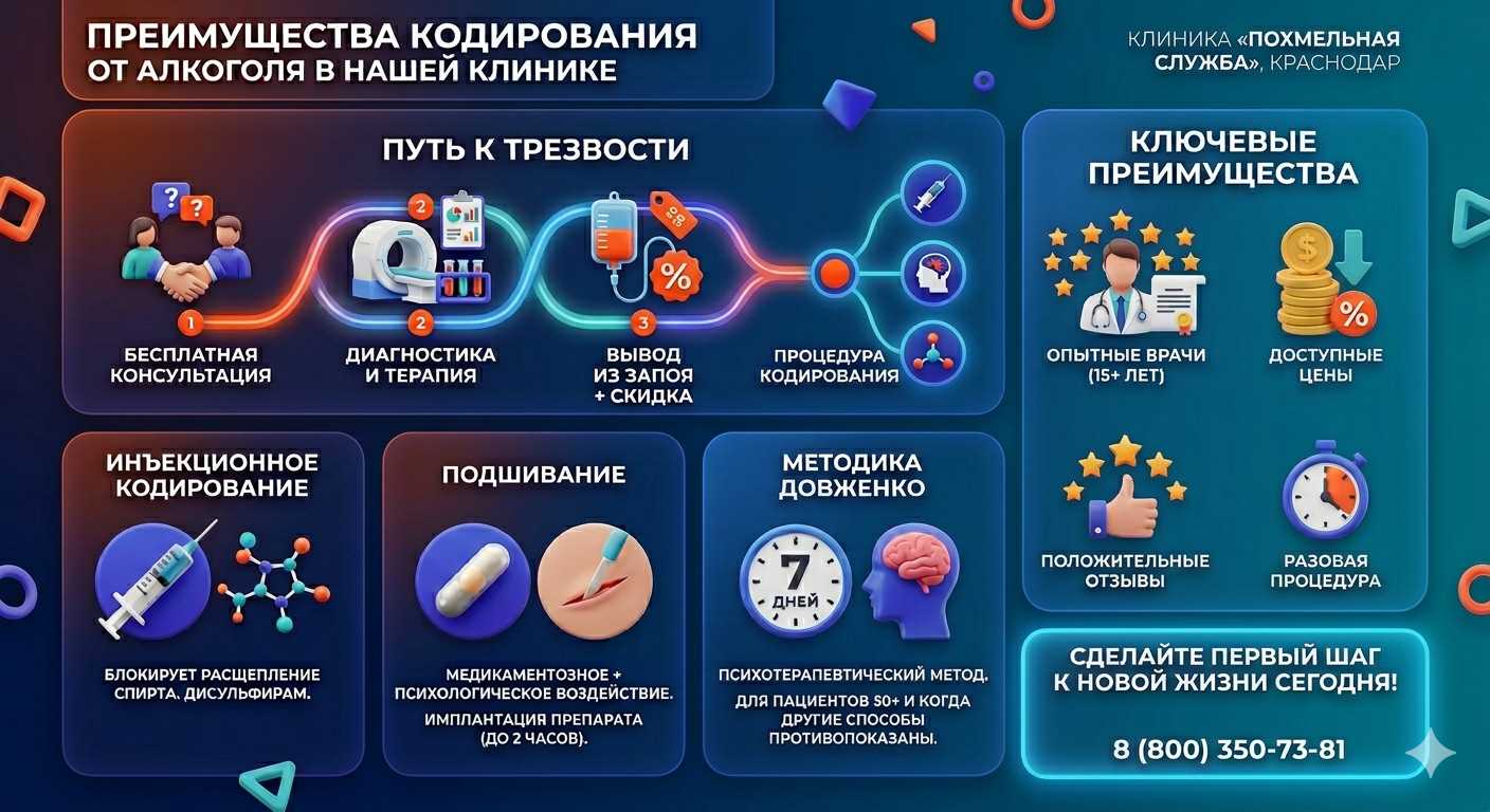 Инфографика о методах кодирования от алкоголя в Гороховце: инъекции, подшивание, метод Довженко. Преимущества клиники и этапы лечения.